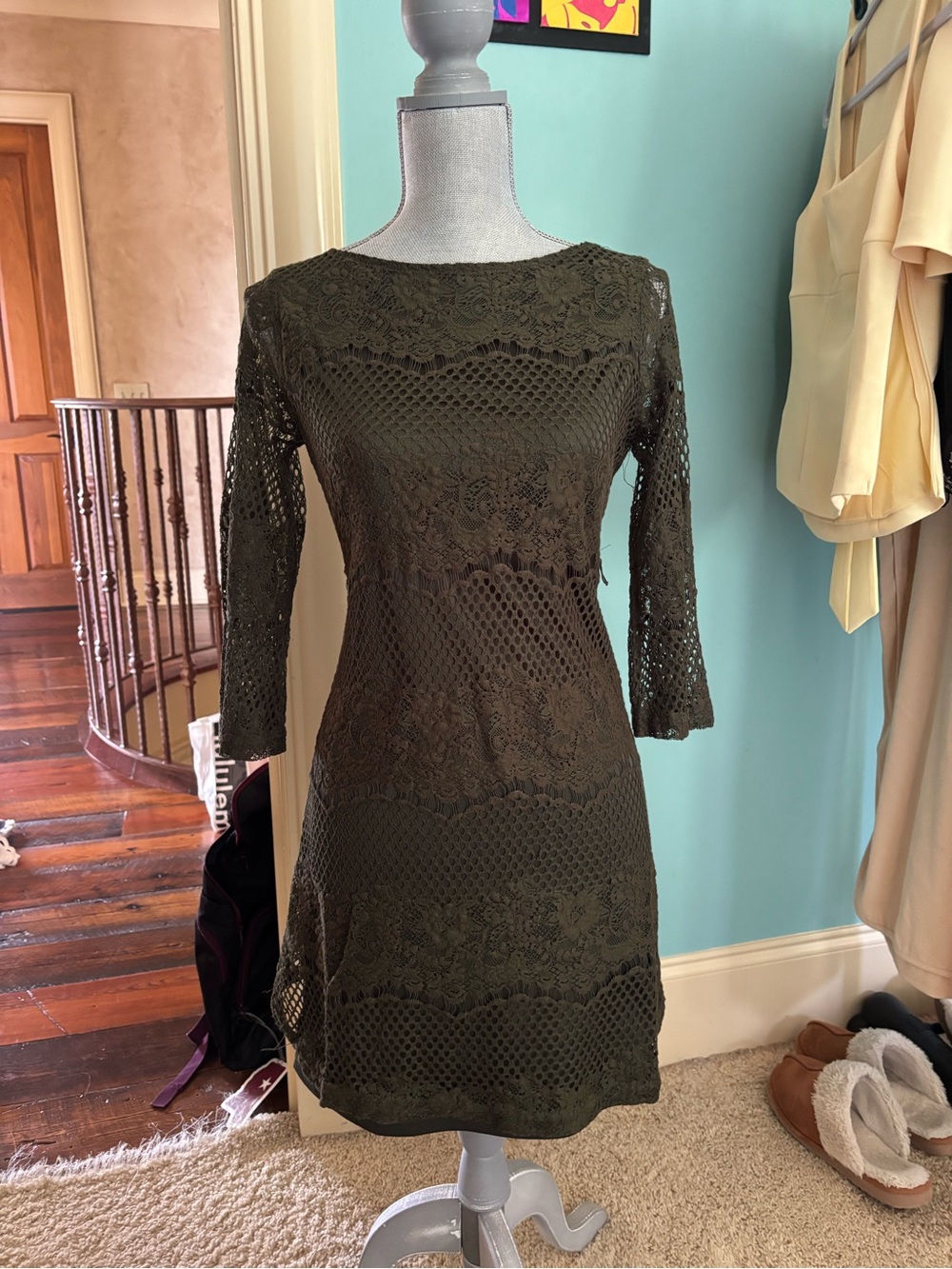 Sharagano Olive Green Crochet Lace Long Sleeve Dress